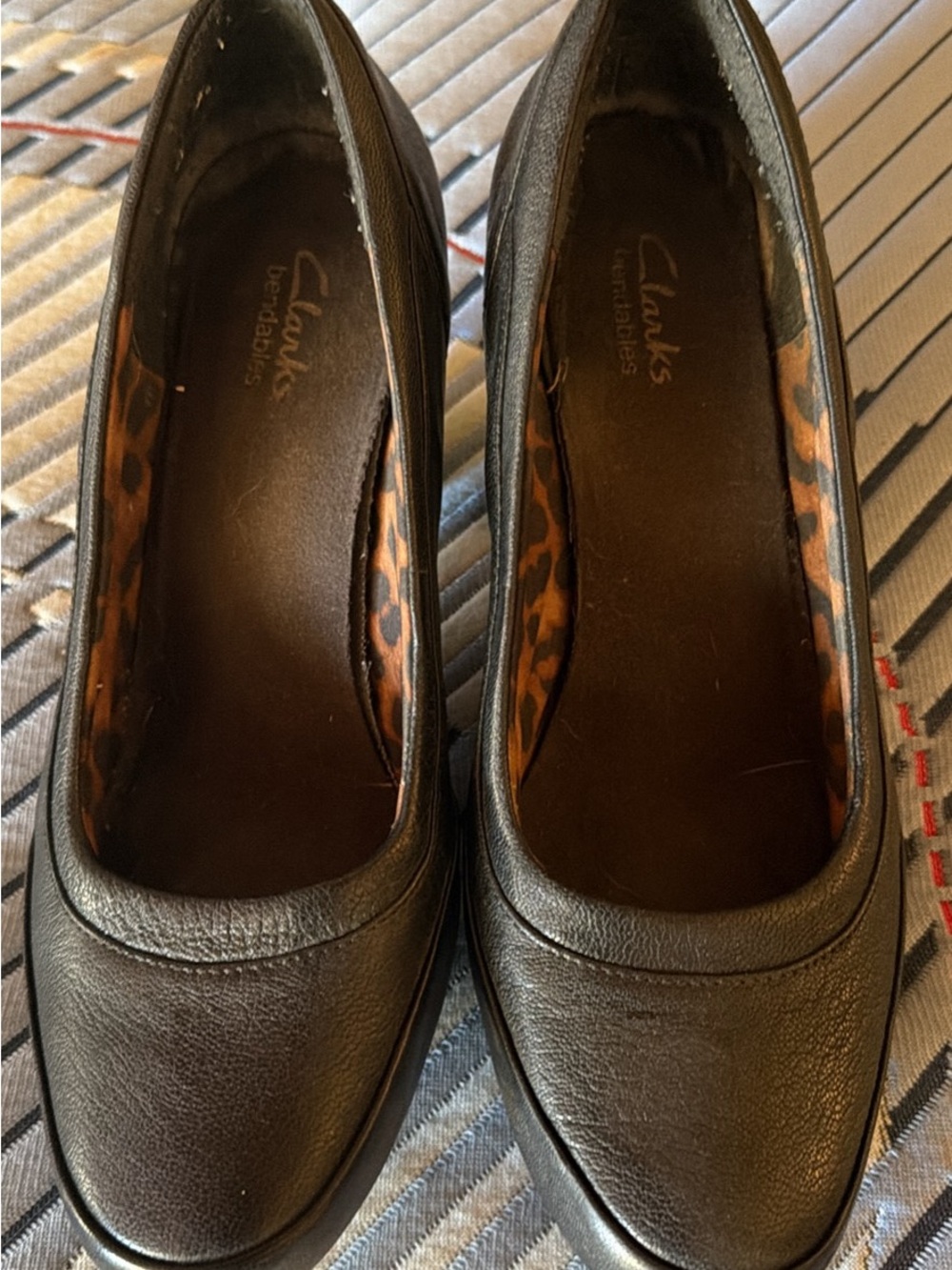 Clarks Black Leather Women’s Heels with Leopard-Print Lining
